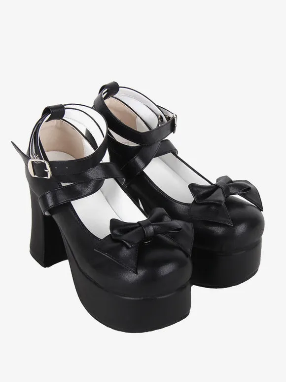 Sweet Lolita Footwear Black Bow Bows Round Toe PU Leather Lolita Shoes