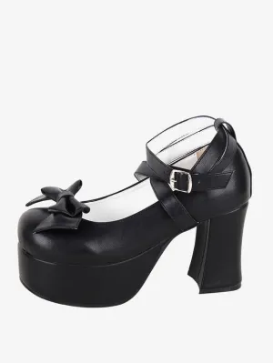 Sweet Lolita Footwear Black Bow Bows Round Toe PU Leather Lolita Shoes