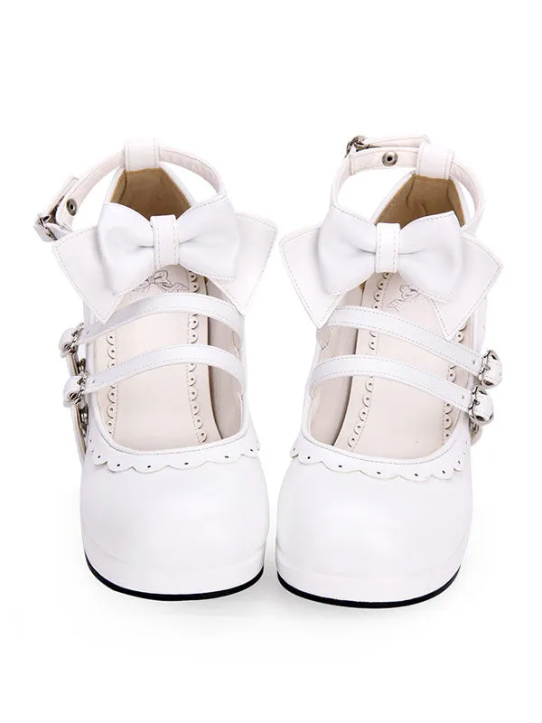 Sweet Lolita Footwear Bow Frill Strappy Chunky High Heel White Lolita Shoes