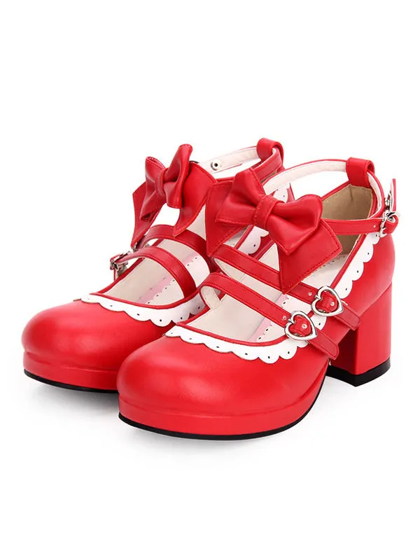 Sweet Lolita Footwear Bow Frill Strappy Chunky High Heel White Lolita Shoes