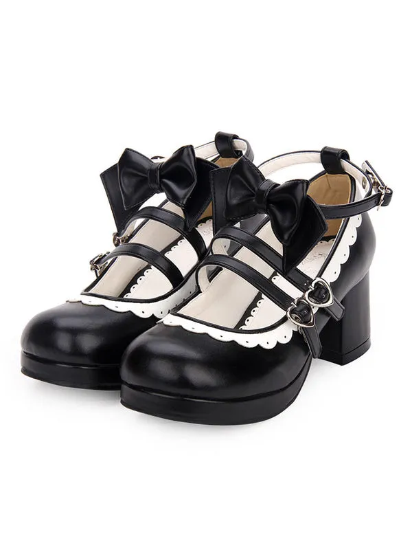 Sweet Lolita Footwear Bow Frill Strappy Chunky High Heel White Lolita Shoes