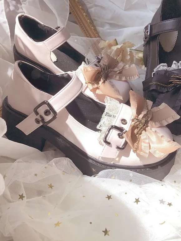 Sweet Lolita Footwear Bows Round Toe Flat Heel Faux Leather Polyester Daily Casual Black Lolita Shoes