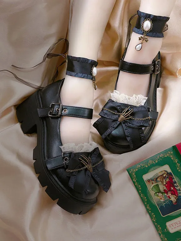 Sweet Lolita Footwear Bows Round Toe Flat Heel Faux Leather Polyester Daily Casual Black Lolita Shoes