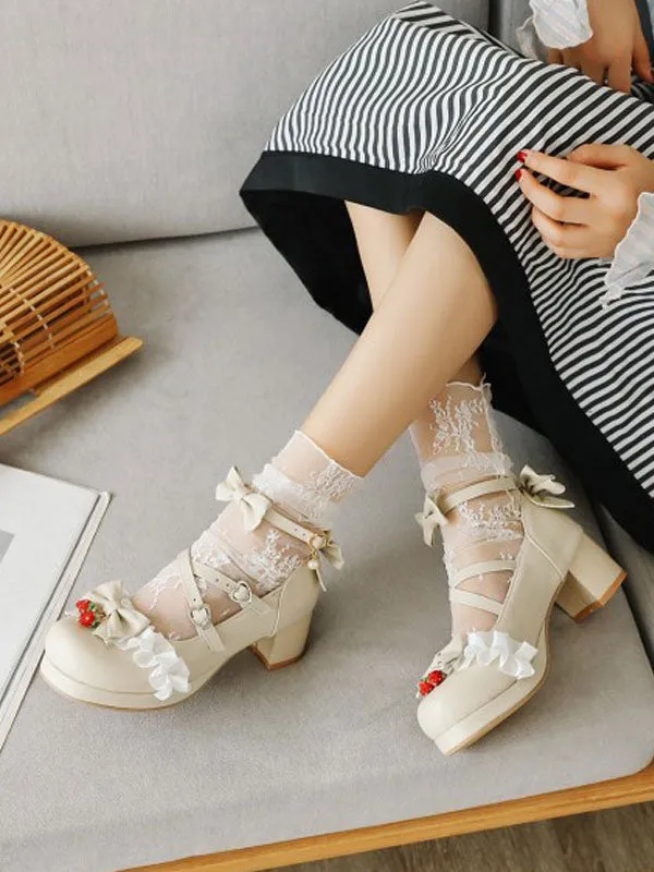 Sweet Lolita Footwear Bows Ruffles Strawberry Round Toe PU Leather Lolita Shoes