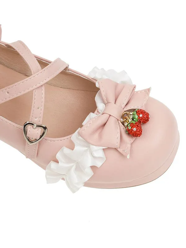 Sweet Lolita Footwear Bows Ruffles Strawberry Round Toe PU Leather Lolita Shoes