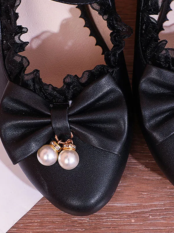 Sweet Lolita Footwear Pink Ruffles Bows PU Leather Prism Heel Lolita Shoes