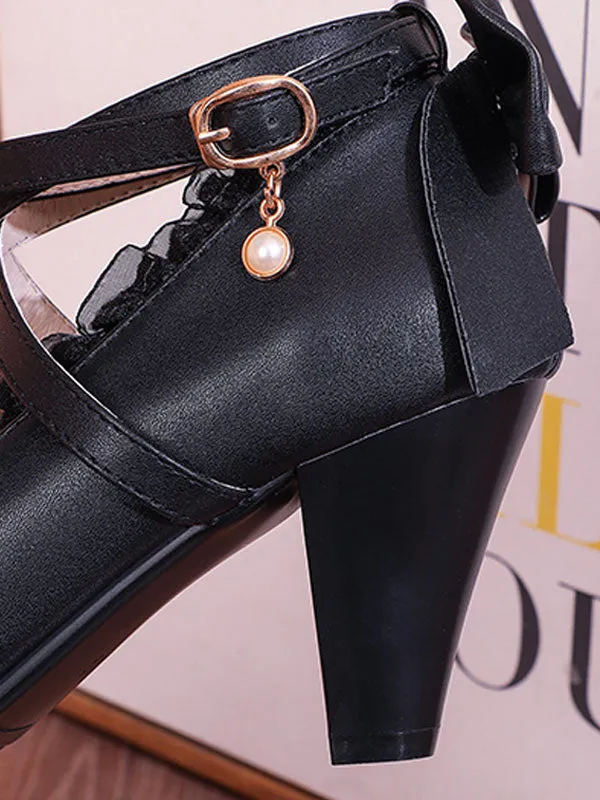 Sweet Lolita Footwear Pink Ruffles Bows PU Leather Prism Heel Lolita Shoes