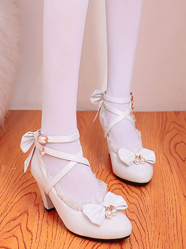 Sweet Lolita Footwear Pink Ruffles Bows PU Leather Prism Heel Lolita Shoes