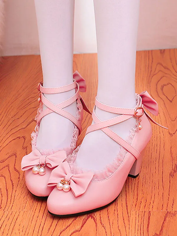Sweet Lolita Footwear Pink Ruffles Bows PU Leather Prism Heel Lolita Shoes