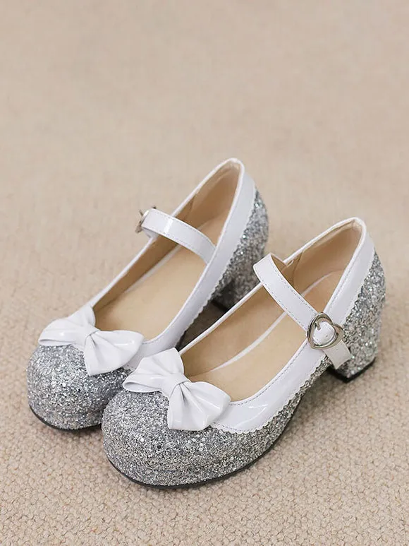 Sweet Lolita Footwear Silver Bows Sequins Round Toe PU Leather Lolita Shoes