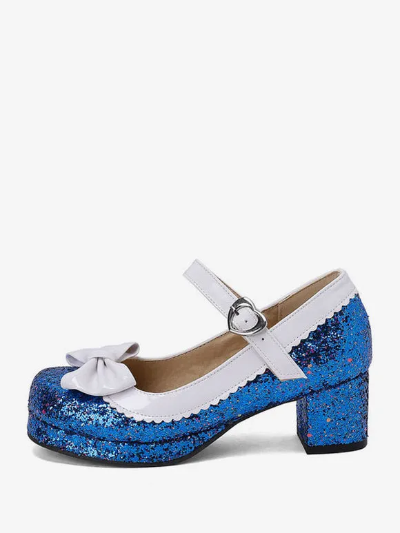 Sweet Lolita Footwear Silver Bows Sequins Round Toe PU Leather Lolita Shoes
