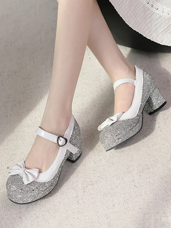 Sweet Lolita Footwear Silver Bows Sequins Round Toe PU Leather Lolita Shoes