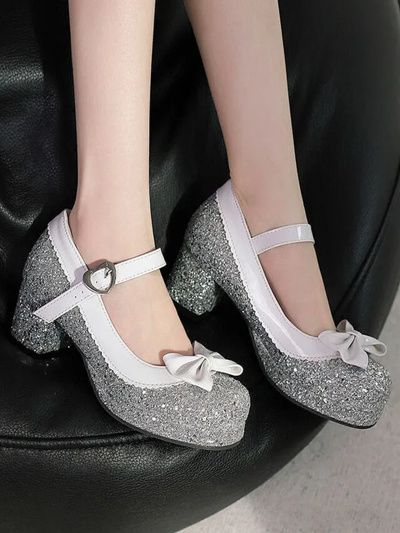 Sweet Lolita Footwear Silver Bows Sequins Round Toe PU Leather Lolita Shoes