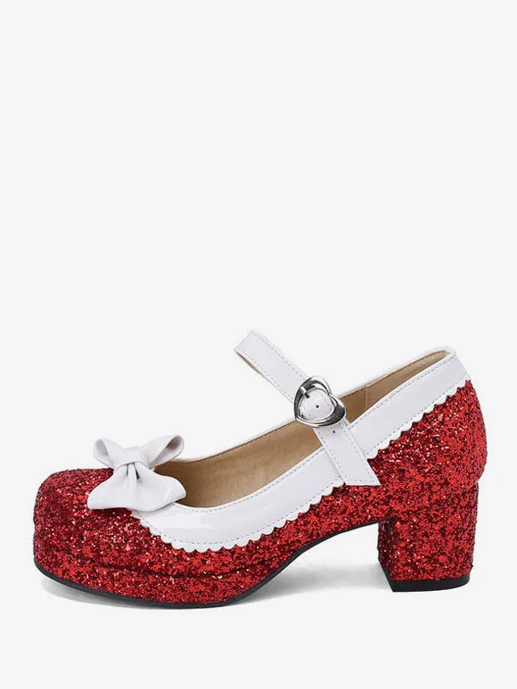 Sweet Lolita Footwear Silver Bows Sequins Round Toe PU Leather Lolita Shoes