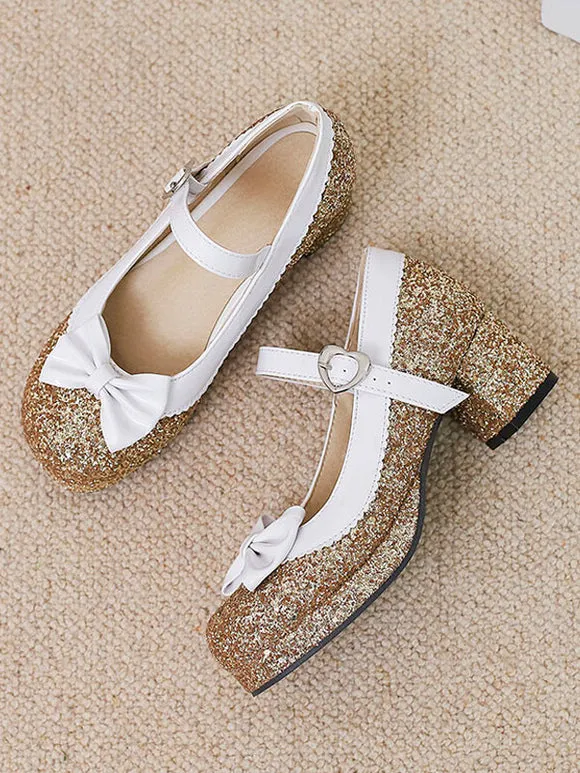 Sweet Lolita Footwear Silver Bows Sequins Round Toe PU Leather Lolita Shoes