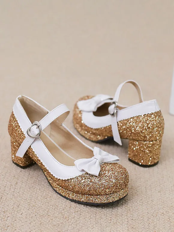 Sweet Lolita Footwear Silver Bows Sequins Round Toe PU Leather Lolita Shoes