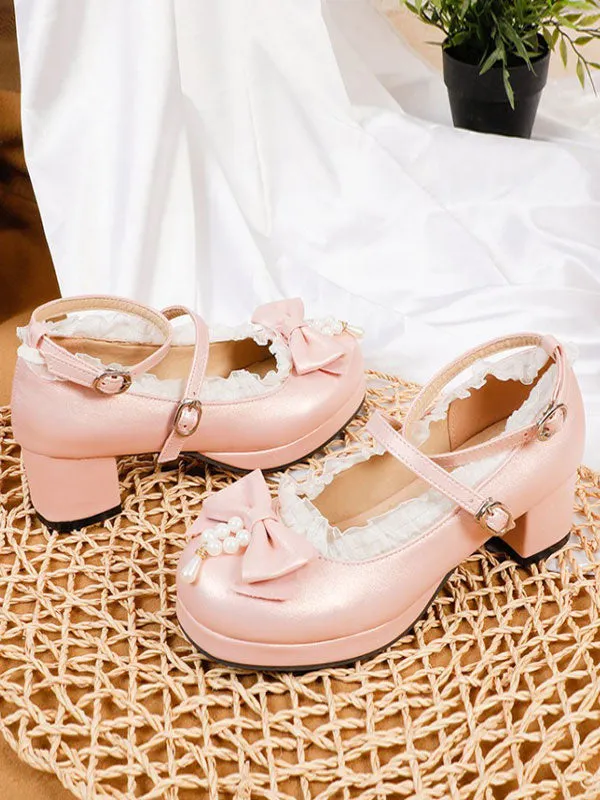 Sweet Lolita Footwear White Bows PU Leather Chunky Heel Lolita Pumps