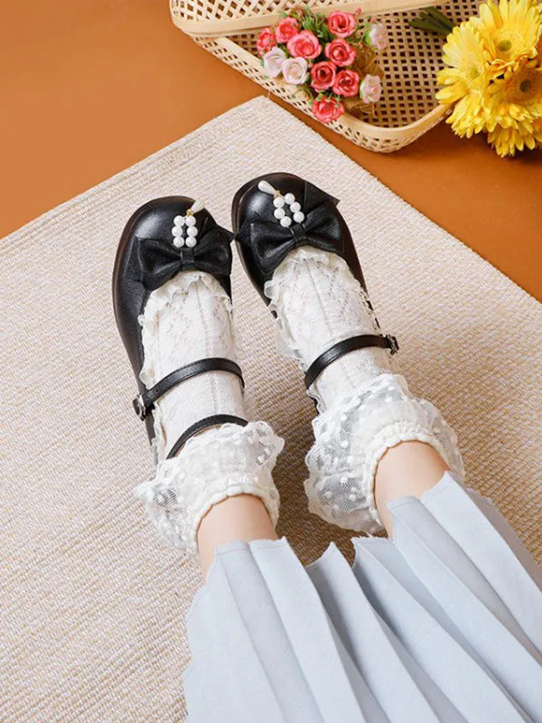 Sweet Lolita Footwear White Bows PU Leather Chunky Heel Lolita Pumps