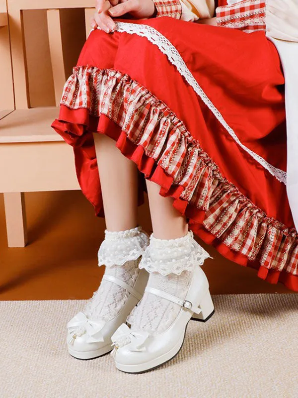 Sweet Lolita Footwear White Bows PU Leather Chunky Heel Lolita Pumps
