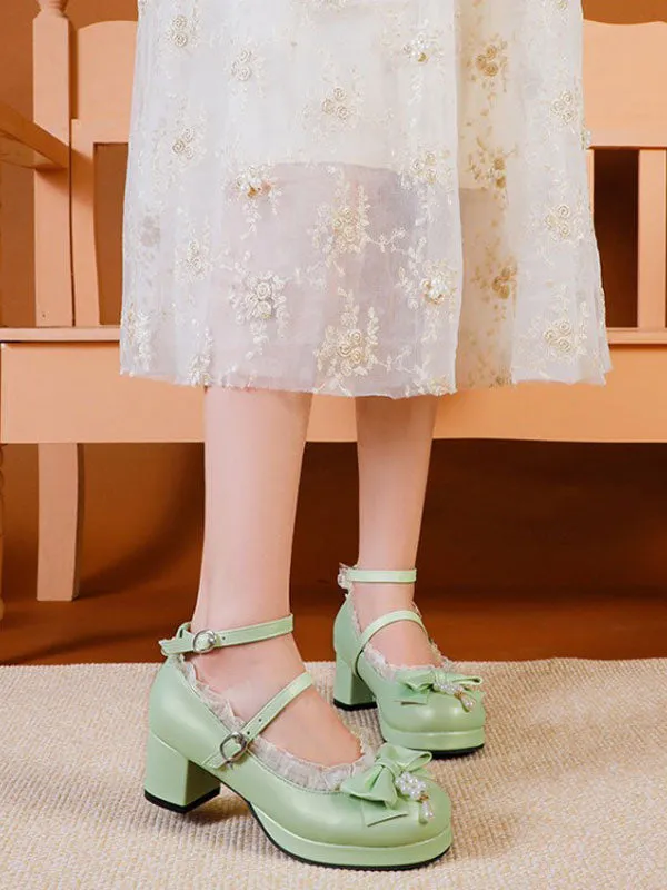 Sweet Lolita Footwear White Bows PU Leather Chunky Heel Lolita Pumps