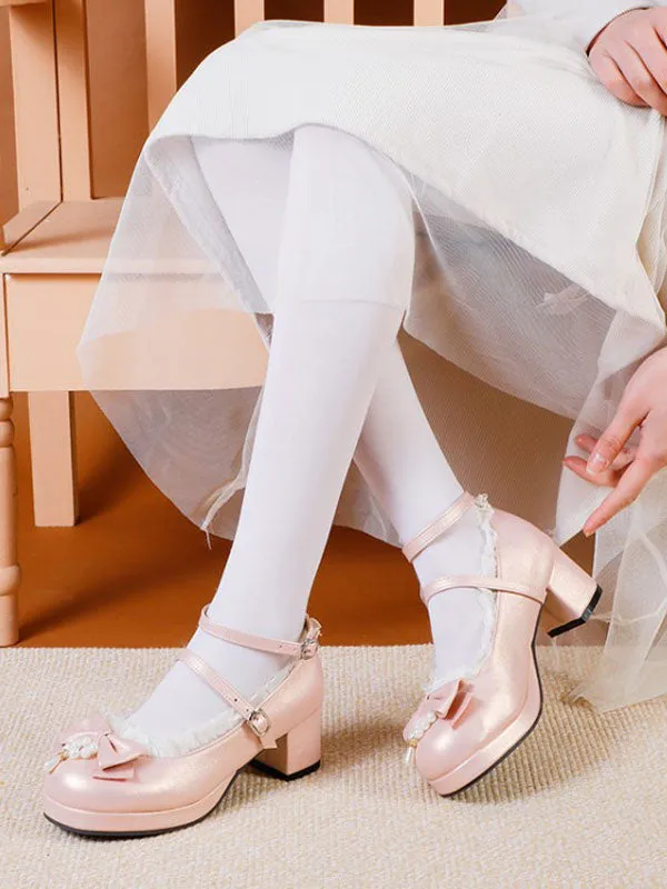 Sweet Lolita Footwear White Bows PU Leather Chunky Heel Lolita Pumps