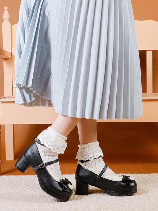 Sweet Lolita Footwear White Bows PU Leather Chunky Heel Lolita Pumps