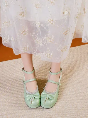 Sweet Lolita Footwear White Bows PU Leather Chunky Heel Lolita Pumps