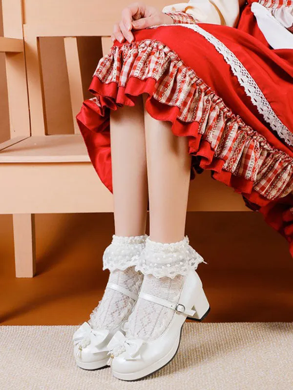 Sweet Lolita Footwear White Bows PU Leather Chunky Heel Lolita Pumps
