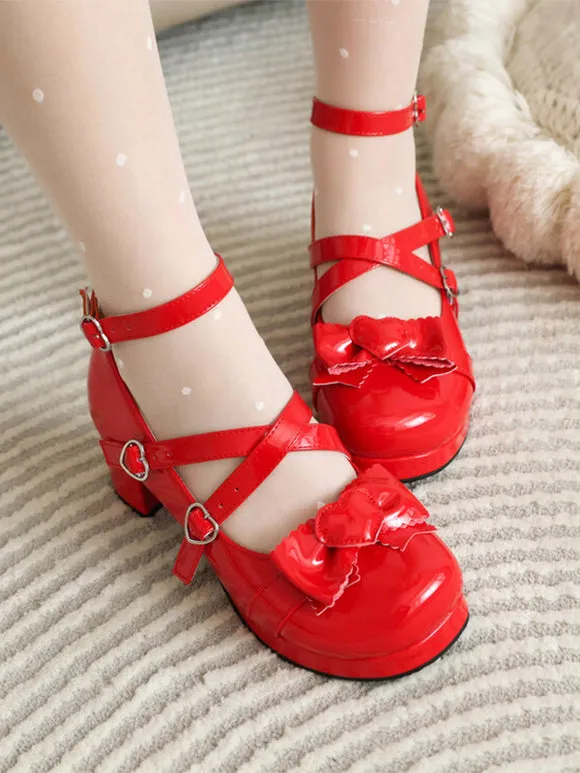 Sweet Lolita Footwear White Bows Round Toe PU Leather Lolita Pumps