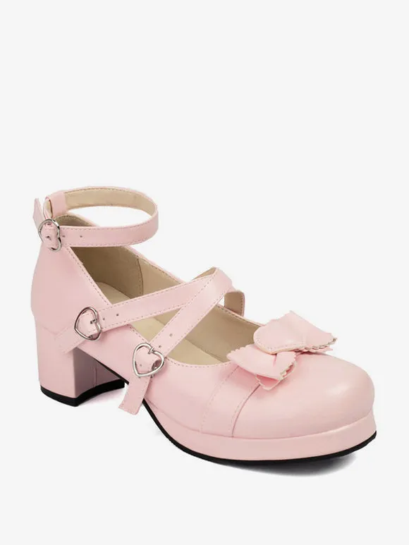 Sweet Lolita Footwear White Bows Round Toe PU Leather Lolita Pumps