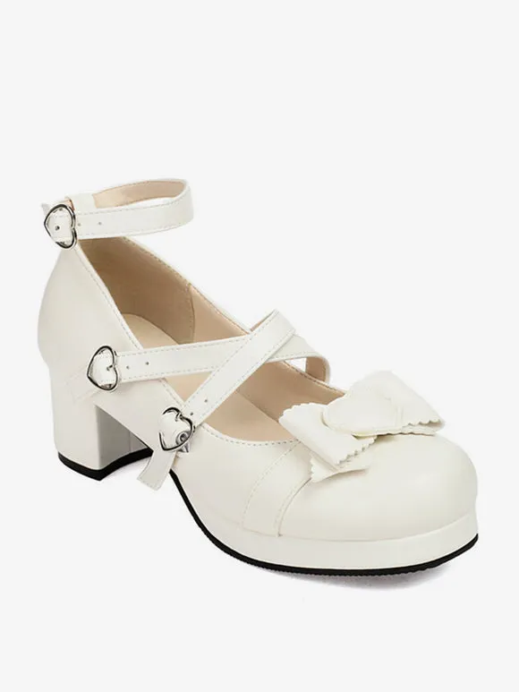 Sweet Lolita Footwear White Bows Round Toe PU Leather Lolita Pumps