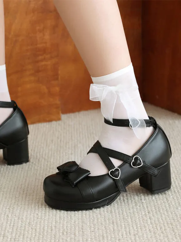 Sweet Lolita Footwear White Bows Round Toe PU Leather Lolita Pumps