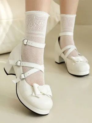 Sweet Lolita Footwear White Bows Round Toe PU Leather Lolita Pumps