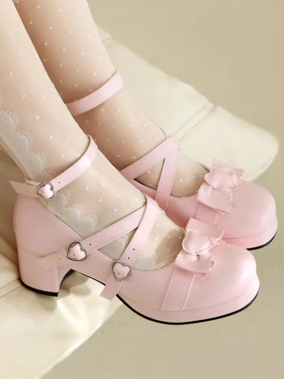 Sweet Lolita Footwear White Bows Round Toe PU Leather Lolita Pumps