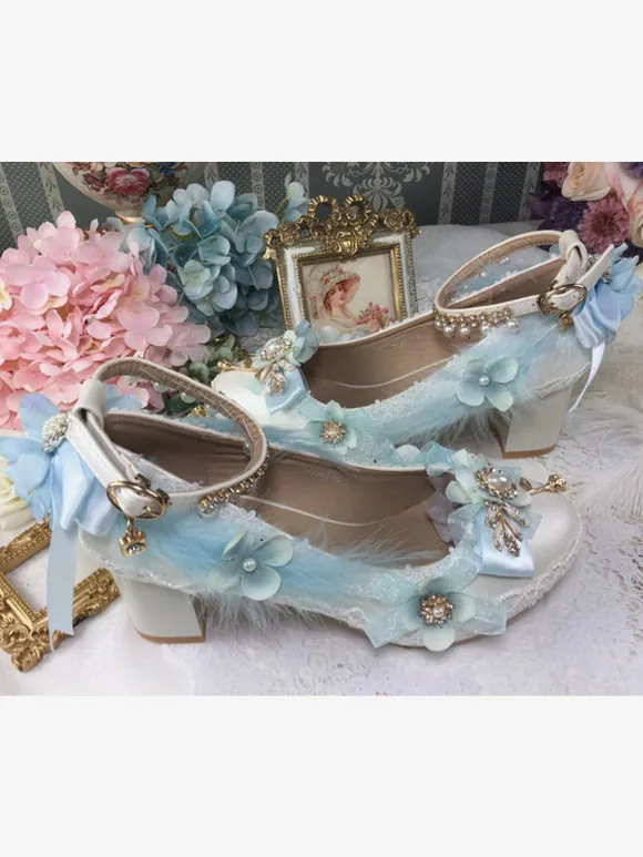 Sweet Lolita Footwear White Pearls Chains Bows Pointed Toe PU Leather Lolita Pumps