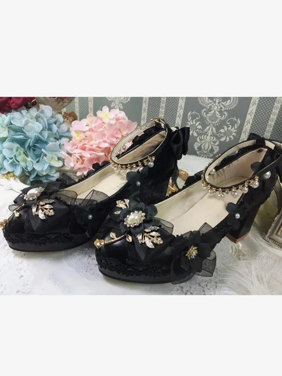 Sweet Lolita Footwear White Pearls Chains Bows Pointed Toe PU Leather Lolita Pumps