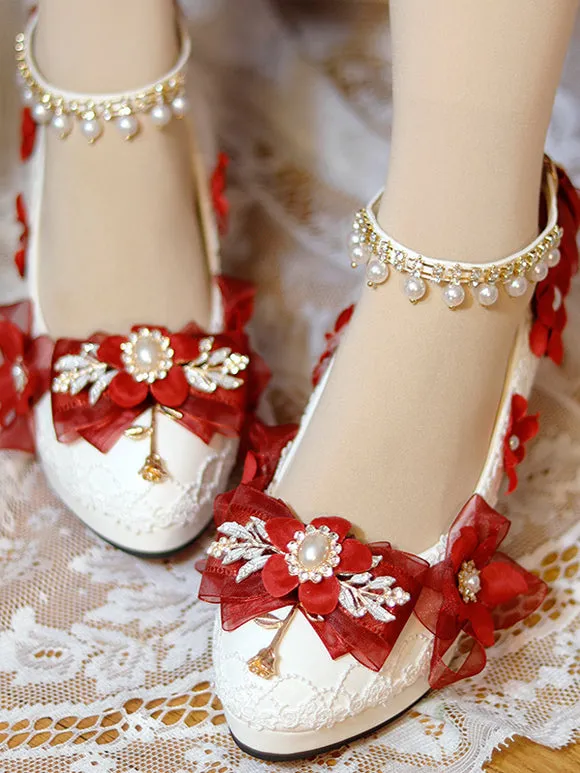 Sweet Lolita Footwear White Pearls Chains Bows Pointed Toe PU Leather Lolita Pumps