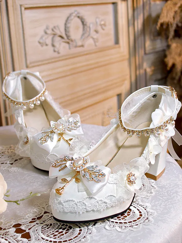 Sweet Lolita Footwear White Pearls Chains Bows Pointed Toe PU Leather Lolita Pumps