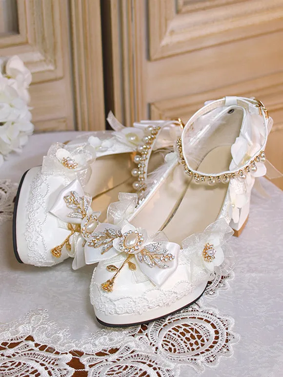 Sweet Lolita Footwear White Pearls Chains Bows Pointed Toe PU Leather Lolita Pumps