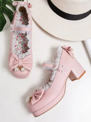Sweet Lolita Pumps Pink Bows Lace Round Toe PU Leather Lolita Shoes