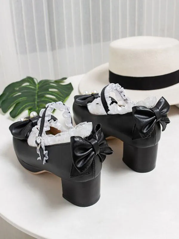 Sweet Lolita Pumps Pink Bows Lace Round Toe PU Leather Lolita Shoes