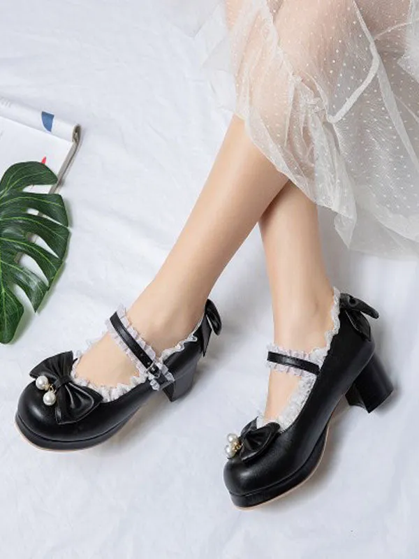 Sweet Lolita Pumps Pink Bows Lace Round Toe PU Leather Lolita Shoes