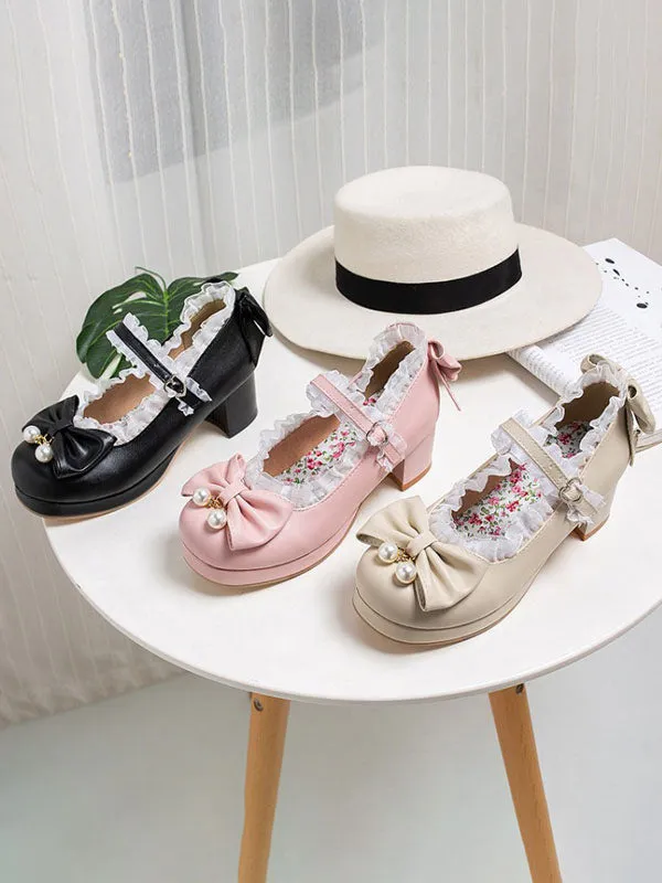 Sweet Lolita Pumps Pink Bows Lace Round Toe PU Leather Lolita Shoes