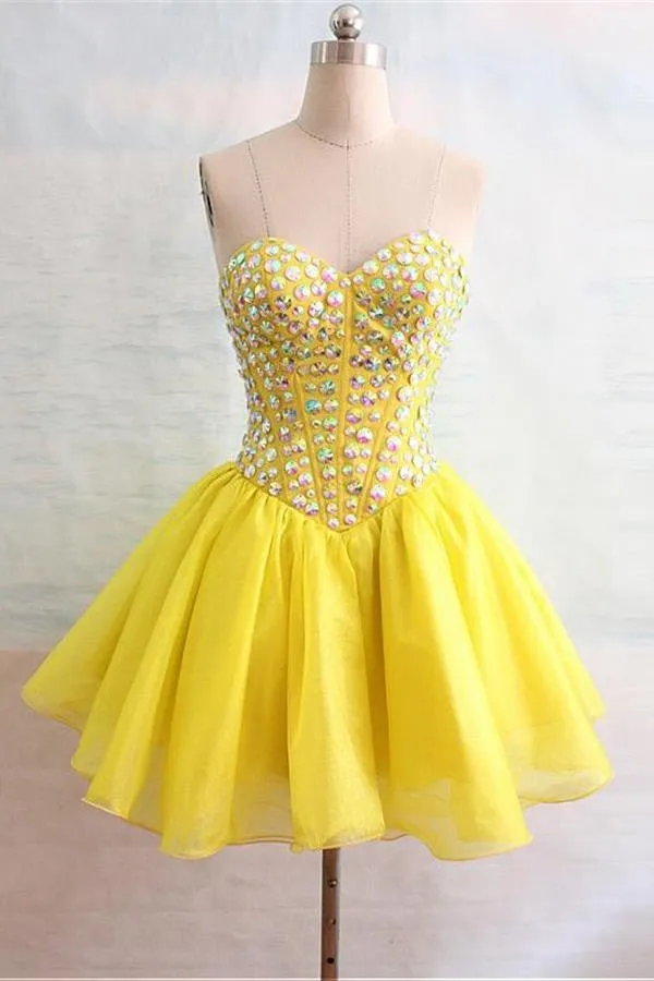 Sweetheart Beaded Yellow Short Handmade Cute Homecoming Dress K206