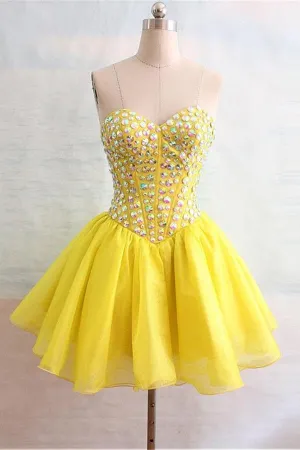 Sweetheart Beaded Yellow Short Handmade Cute Homecoming Dress K206