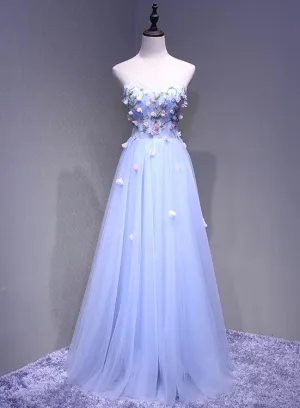 Sweetheart Light Blue Flowers Floor Length Party Dress, Charming Formal Gown