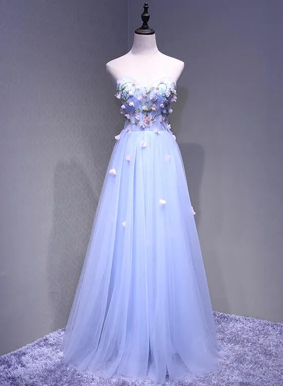 Sweetheart Light Blue Flowers Floor Length Party Dress, Charming Formal Gown