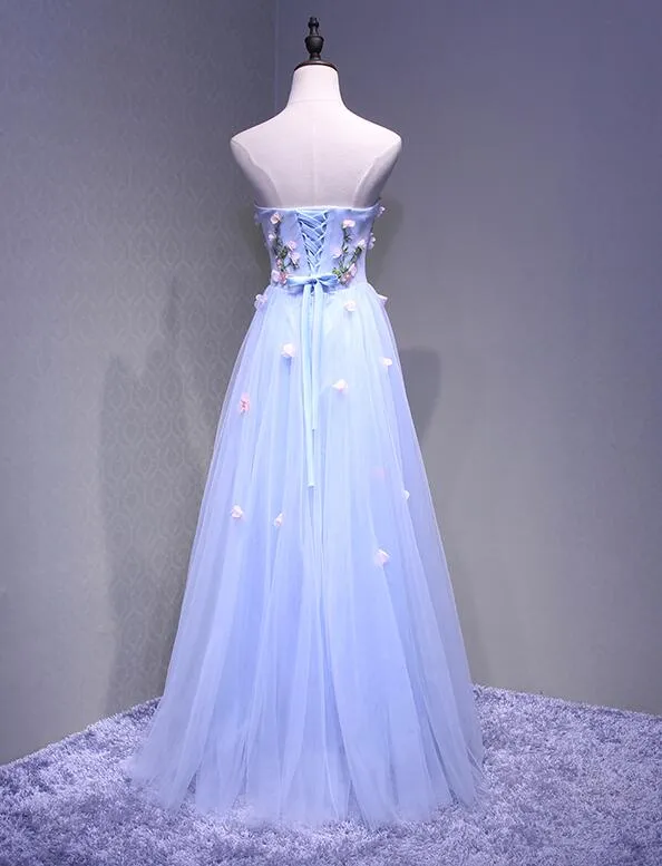 Sweetheart Light Blue Flowers Floor Length Party Dress, Charming Formal Gown