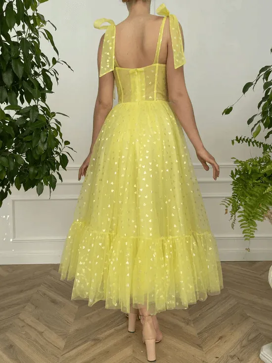 Sweetheart Yellow Neck Tulle Prom Dresses Tea Length Evening Dresses TP1129