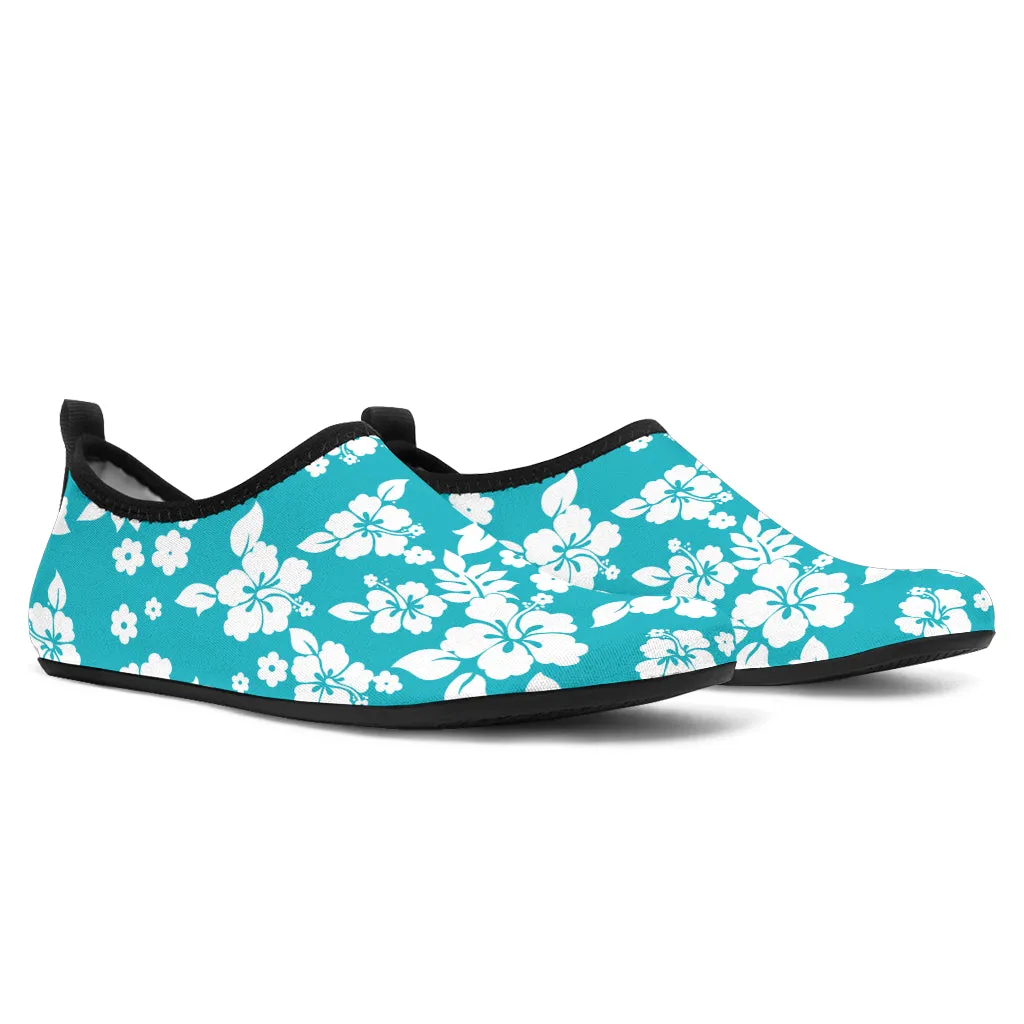 Teal and White Hibiscus Hawaiian Pattern Water Shoes
